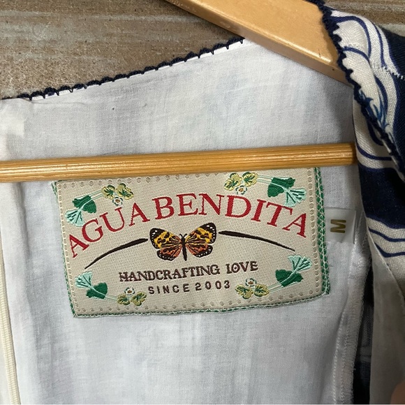 Agua Bendita Pomelo Riviera Dress 100% Linen Blue Floral Dress 6034 Womens M - Picture 4 of 7